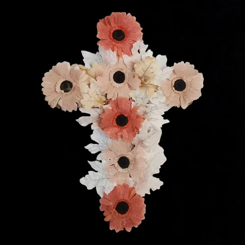 Handmade Floral Cross Wall Decor Or Wteath with Orange and Cream Flowers